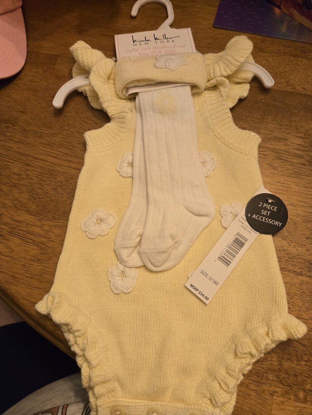 Nicole Miller Yellow Knit Baby Romper Set with Cream Tights